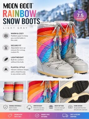 MOON BOOT Light Gray Rainbow Stripe Snow Boots NWT Women’s 7.5 Winter Boots